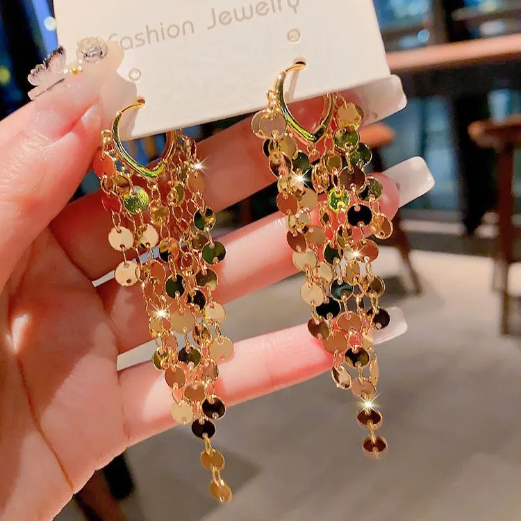 黄铜耳饰 耳扣设计时尚金属气质新款夸张2025流苏亮片耳环长款