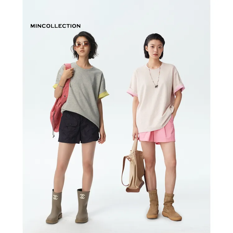DE Mincollection双色T/简约双面异色棉撞色翻边圆领T恤55423