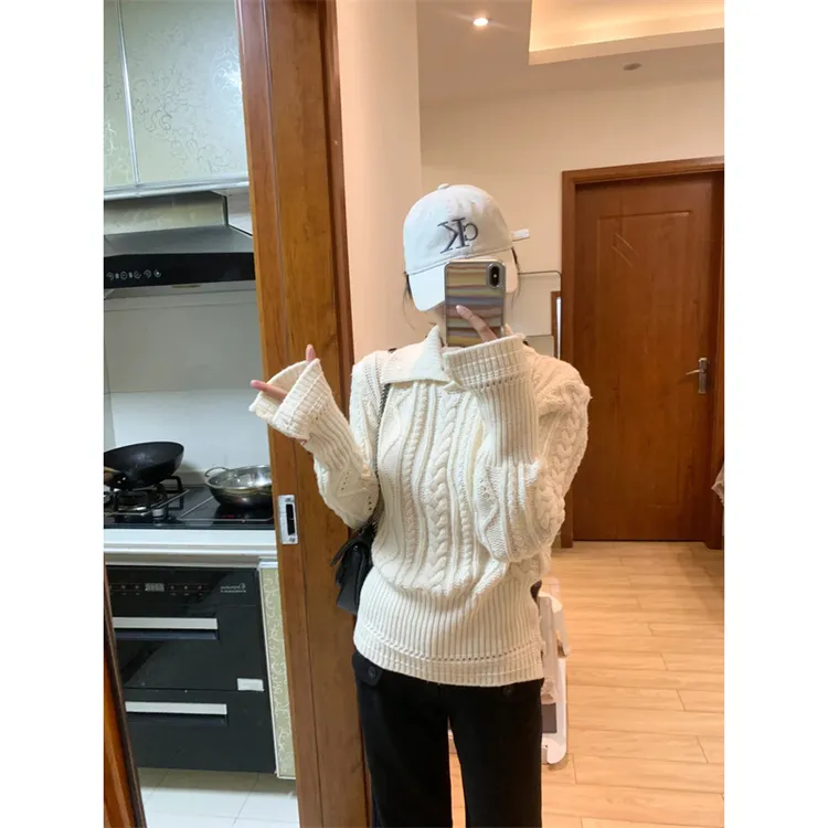 甜美气质翻领绞花减龄针织毛衣女秋冬新款修身百搭休闲长裤两件套