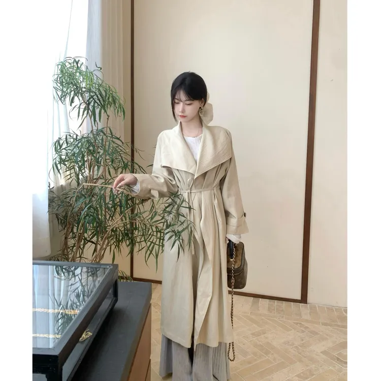 轻奢莱赛尔卡其色中长款风衣外套女高级感廓形显瘦秋季气质大衣