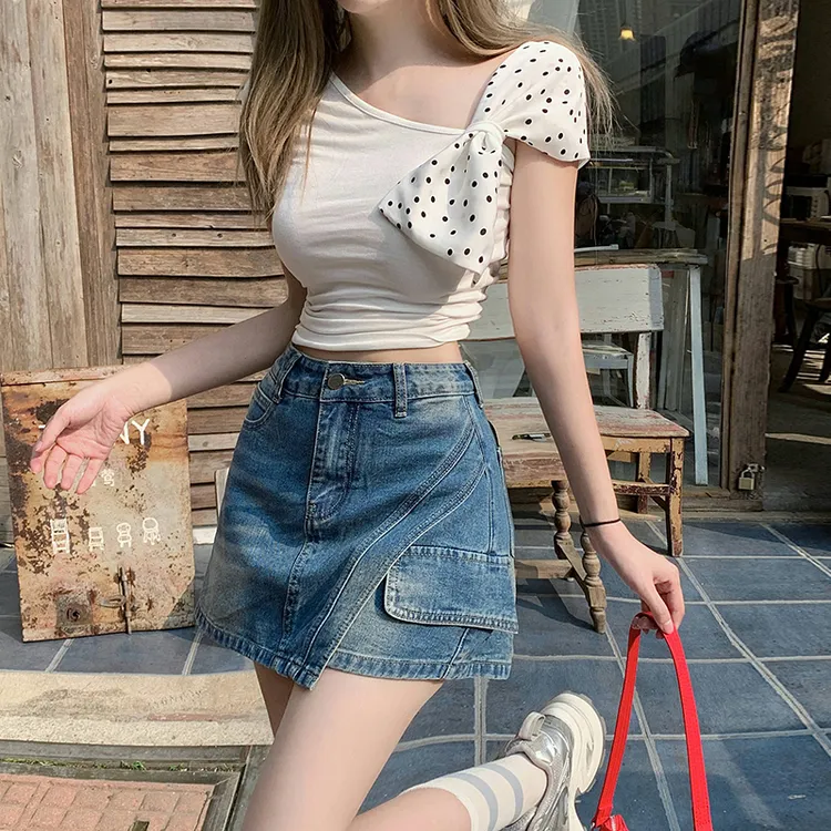 美式复古高腰假两件牛仔短裤裙女夏季时尚个性百搭A字不规则辣妹