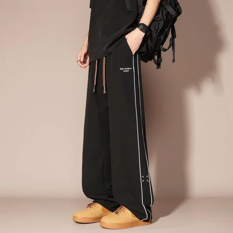 冰丝速干条纹运动裤男款直筒青少年夏季薄款裤子垂感美式休闲长裤