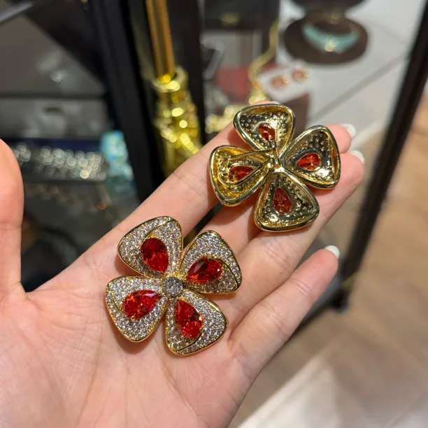 纯铜琉璃耳饰 红色植物花卉镶钻金色单花彩色绿色耳钉日韩法式