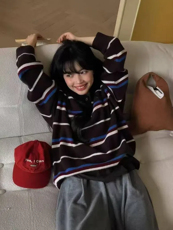 复古撞色条纹毛衣女2025新款百搭韩系休闲减龄针织衫上衣