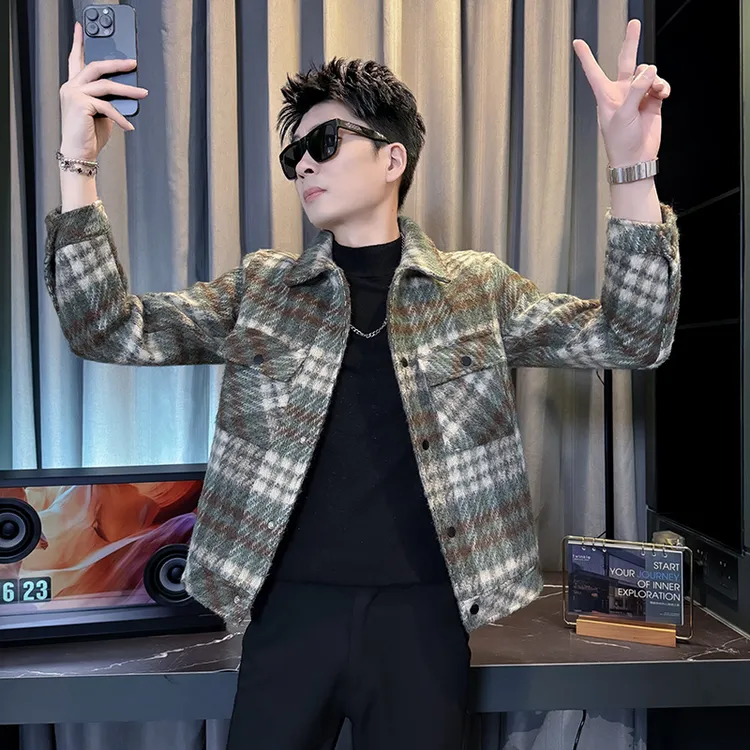 男士秋冬季新款格子毛呢外套高级感潮牌痞帅休闲短款呢子大衣男款