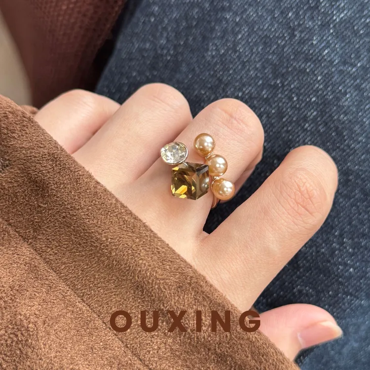 铜合金合成锆石戒指 [梦晶]气质轻奢时尚镶嵌法式简约戒指