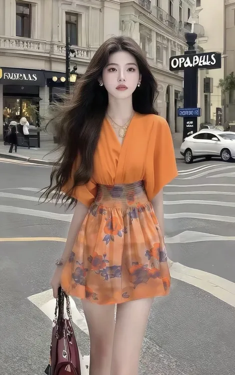 温柔纯欲千金风松弛感V领短袖收腰橙色连衣裙女时尚气质高级女装