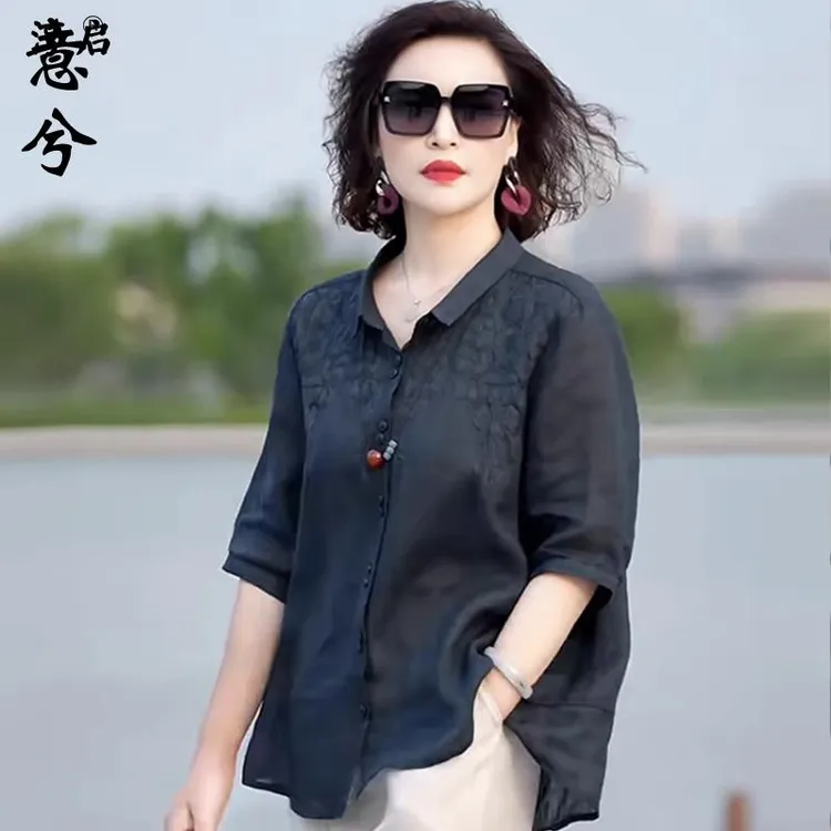 淳启时尚中年妈妈夏装中袖衬衫衬衣中老年女装气质大码遮肚上衣潮