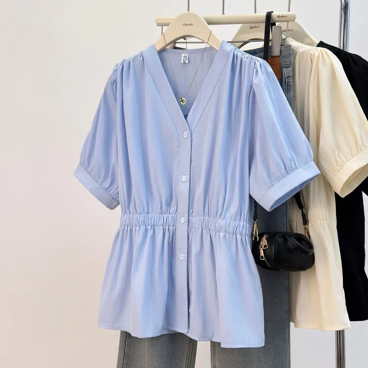 大码女装2025夏季新款时尚胖mm休闲收腰遮肚洋气褶皱短袖衬衫上衣