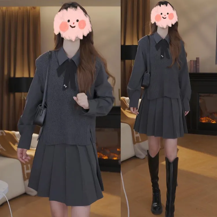 【秋日私语】2025秋季新款针织马甲衬衫裙两件套女显瘦洋气时尚套装