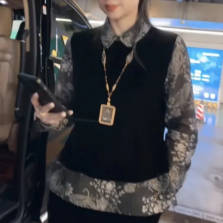 时尚拼撞假两件丝绒衬衫高级感宽松气质打底衫