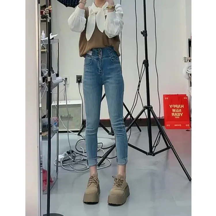2025年春季新款大码弹力铅笔牛仔裤女小个子穿搭显瘦九分小脚裤
