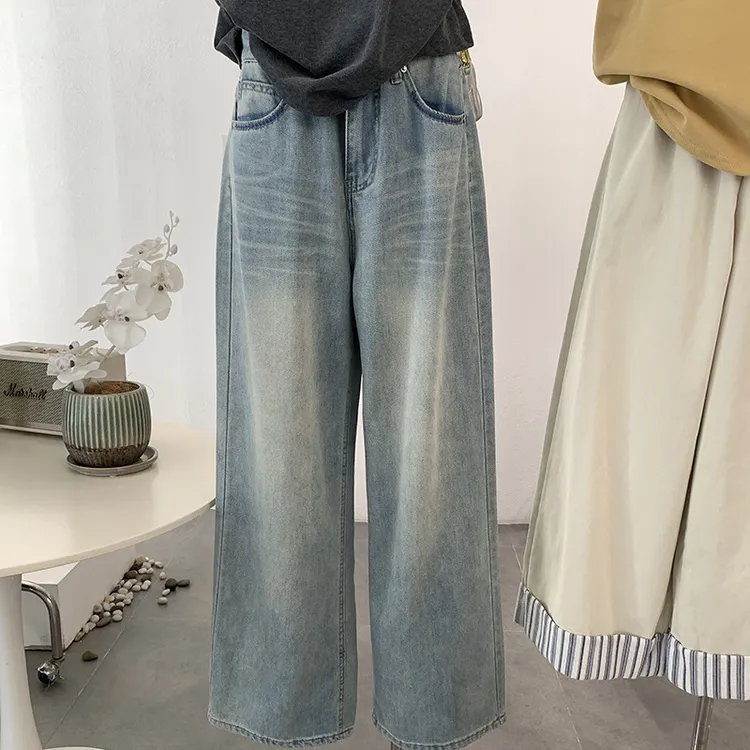 高腰洗水牛仔阔腿裤气质显瘦百搭直筒拖地长裤春季女2020