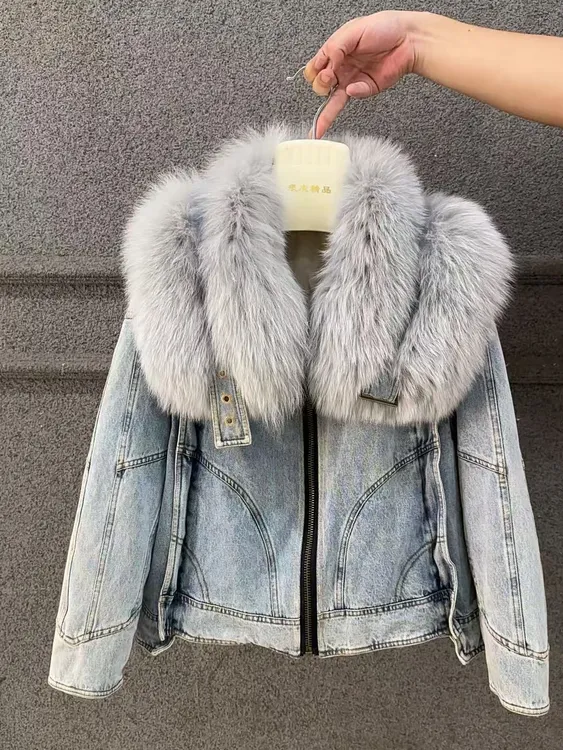 DOUSHEHUI  海拉尔之恋狐狸毛牛仔皮草服饰外套