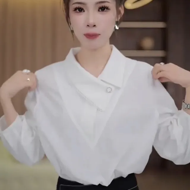 设计感时尚七分袖白色衬衫女春夏新款小众别致不对称翻领气质衬衣