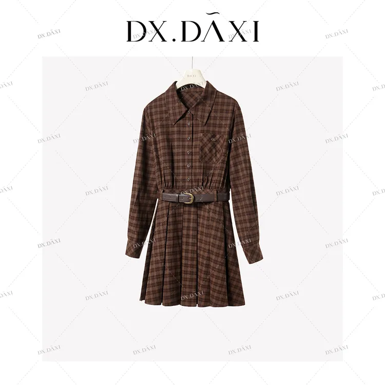 代大喜【秋日摩洛哥】复古格纹百褶连衣裙女2025秋季新款休闲衬衫裙