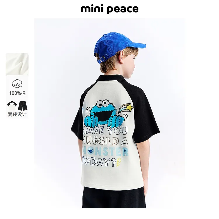 MINIPEACE×芝麻街联名男童polo衫短裤两件套夏季新款儿童套装男