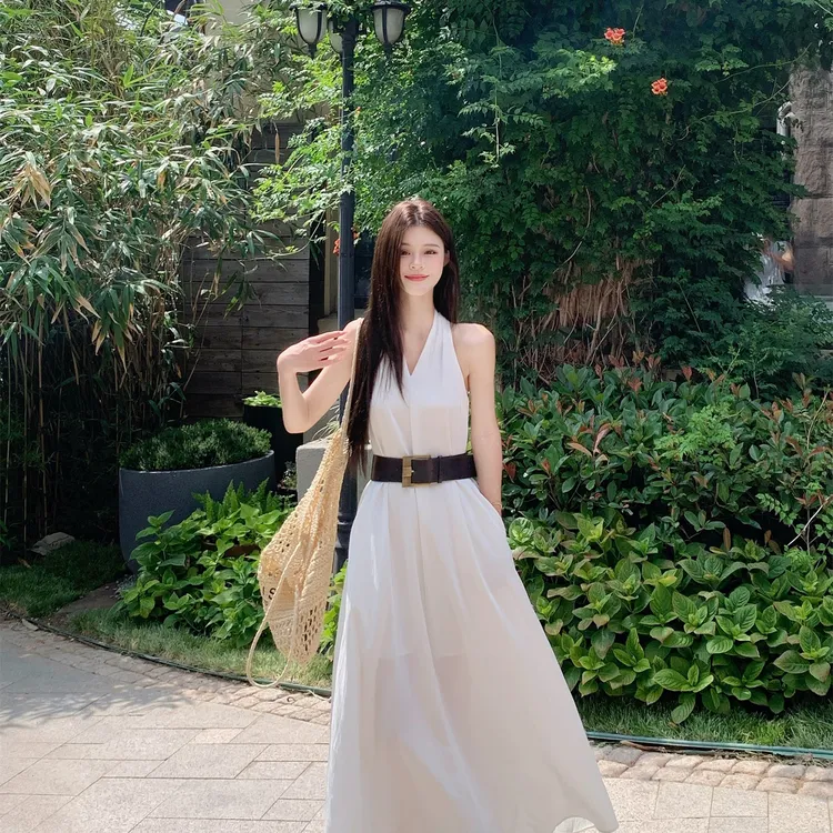 法式小众设计感气质高级感V领无袖收腰长款连衣裙+腰带