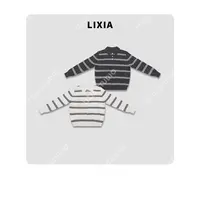 LIXIA【条纹物语】慵懒风休闲撞色细条纹纯羊毛翻领针织衫-D9173