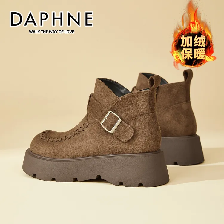达芙妮复古厚底绒面马丁靴女2025新款冬季加绒防寒保暖勃肯鞋短靴