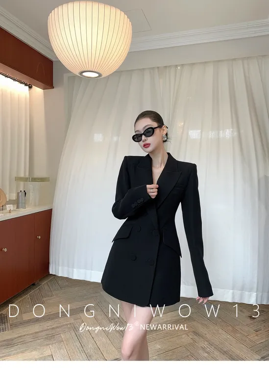 黑色赫本韩系新款风沙漏腰收腰显瘦中长款气质西装休闲西服外套女