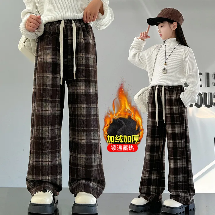 女童加绒复古格子裤秋冬装2024新款中大童加厚毛呢休闲直筒阔腿裤