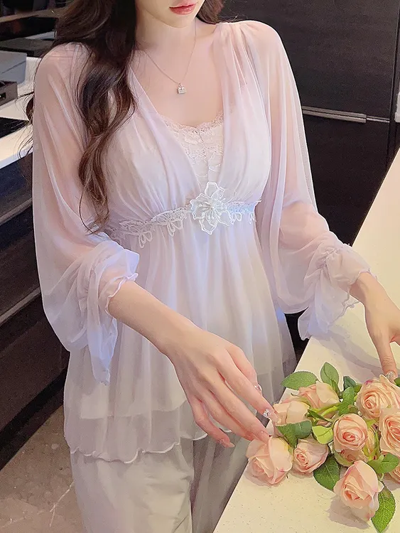 新款女士宫廷风带胸垫吊带睡裙晨袍两件套女神蕾丝性感公主风睡衣