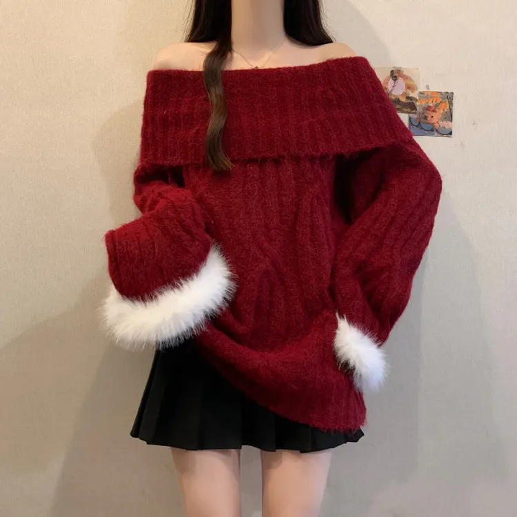 大码女装胖mm秋冬新款复古高级感慵懒风一字肩毛衣显瘦针织衫上衣