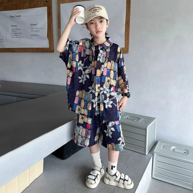 男童夏装2025新款套装时髦儿童装夏季潮男孩短袖痞帅风衬衫两件套