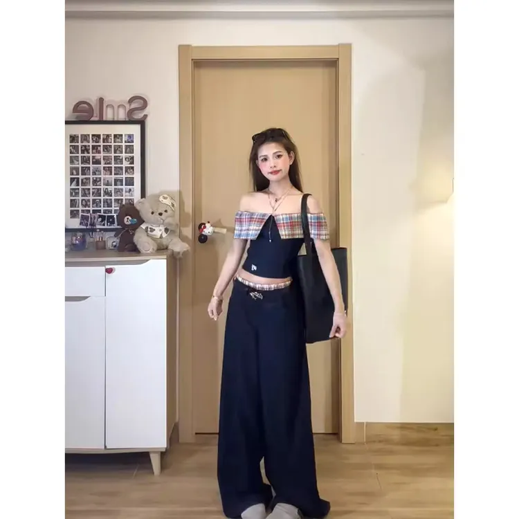 辣妹复古格子拼接一字肩上衣女夏季学院风休闲直筒阔腿裤俩件套