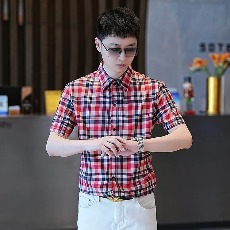 衬衫男士男装时尚休闲夏季修身格子百搭半袖薄款潮流商务帅气韩版