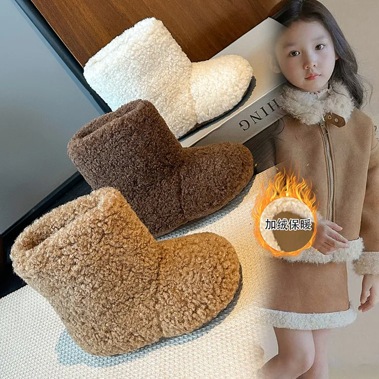 ABC韩国新款冬季女童保暖软底套筒毛毛短靴加绒舒适羊羔毛雪地靴