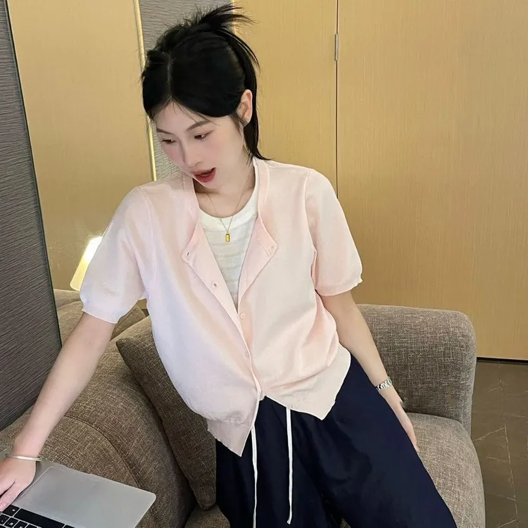 夏季假两件防晒冰丝针织衫2025新款时尚套头短袖外套设计温柔上衣