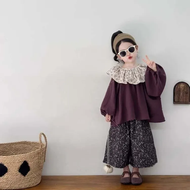 童装儿童2025新款复古森系极简宽松碎花娃娃衫女童宝宝棉麻上衣