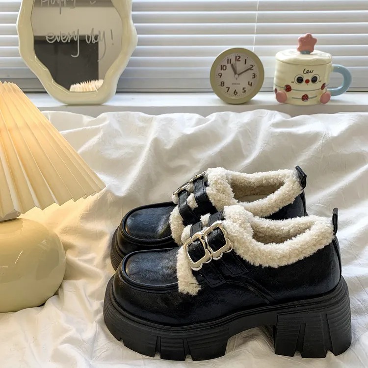 牛皮英伦风加绒乐福鞋女2025秋冬季新款厚底粗跟小皮鞋毛保暖棉鞋
