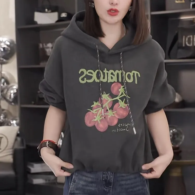 2025秋冬新款双面绒西红柿连帽抽绳卫衣女时尚潮流短款小个子上衣