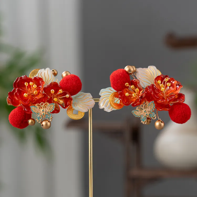 春亦轩新年古风余钱多多对夹喜庆拜年服发夹头饰喜庆红色流苏发夹