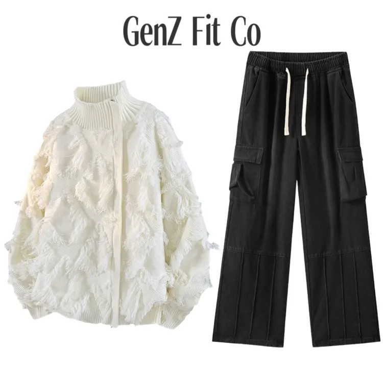 GenZFitCo流苏ins港风毛衣针织衫立领百搭提花毛衣氛围感时尚套装