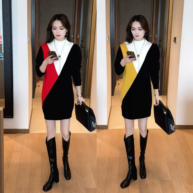 2025常规系扣宽松腰高领圆领连衣裙裙子打底辣妈韩版针织