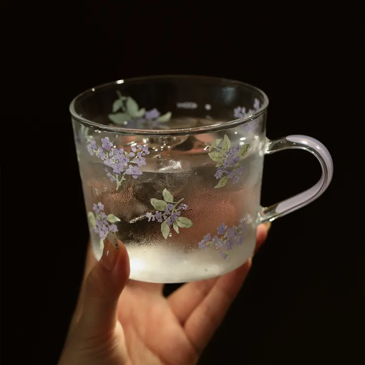 蓝莲花高颜值水杯冷饮马克杯女生家用办公室高硼硅玻璃杯子耐高温