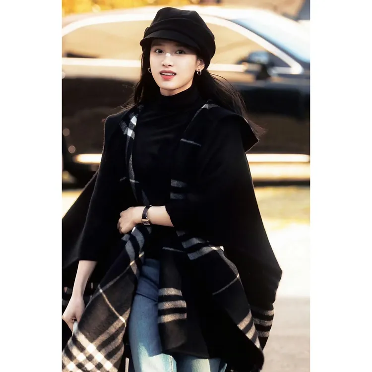 张静怡同款B家披肩黑色格子双面羊毛宽松气质慵懒风连帽斗篷大衣