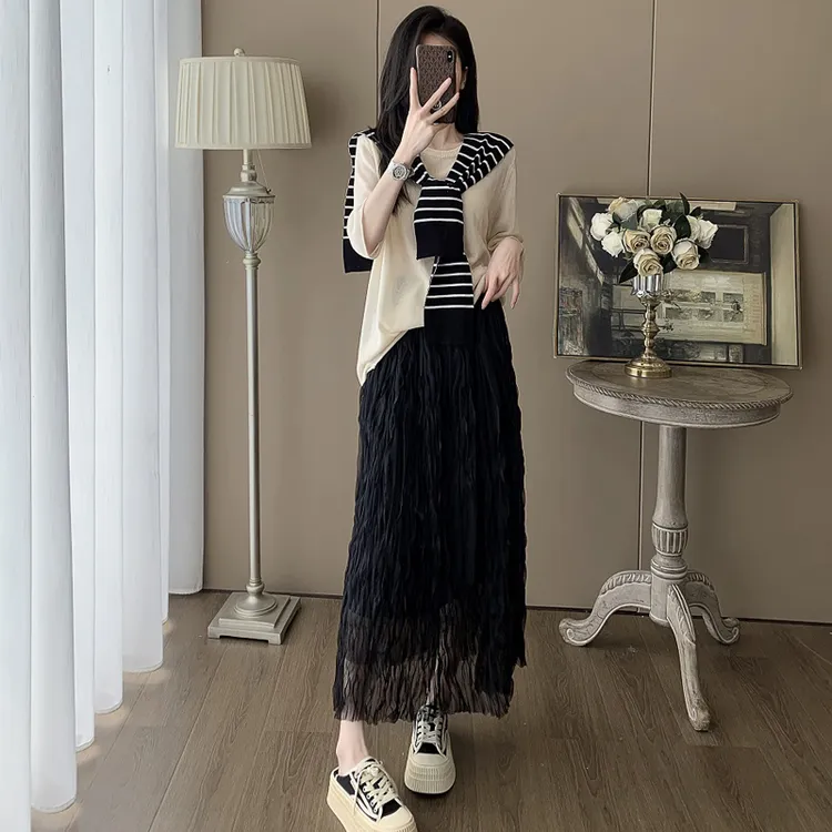 法式天丝亚麻上衣半身裙套装时尚高腰气质宽松休闲中长款两件套裙