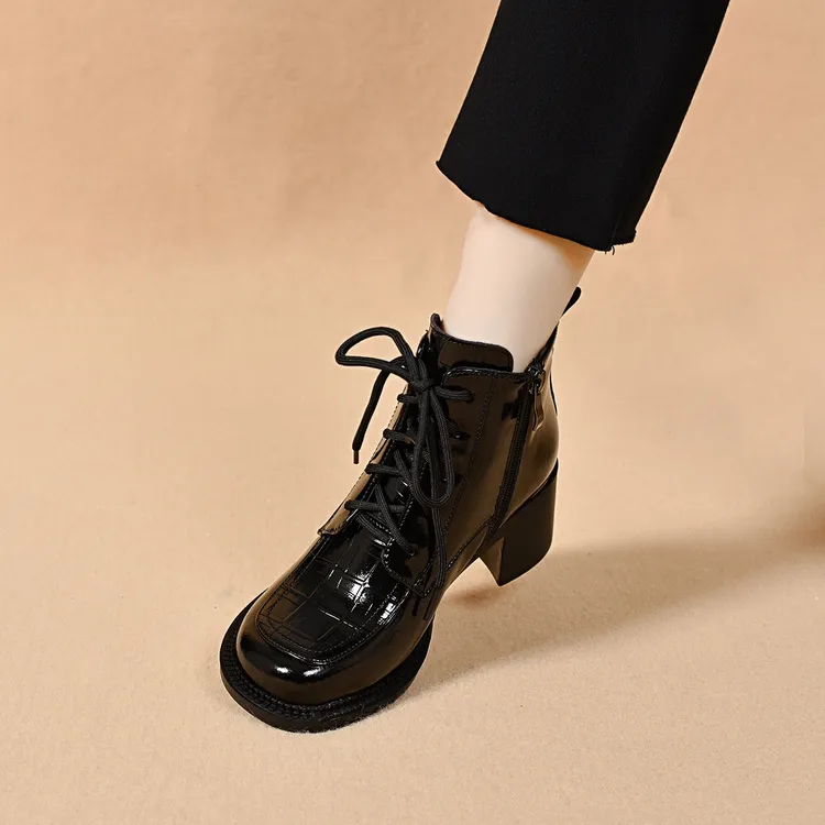 真皮厚底马丁靴女2025年秋冬新款圆头粗跟软底侧拉链短靴单靴加绒