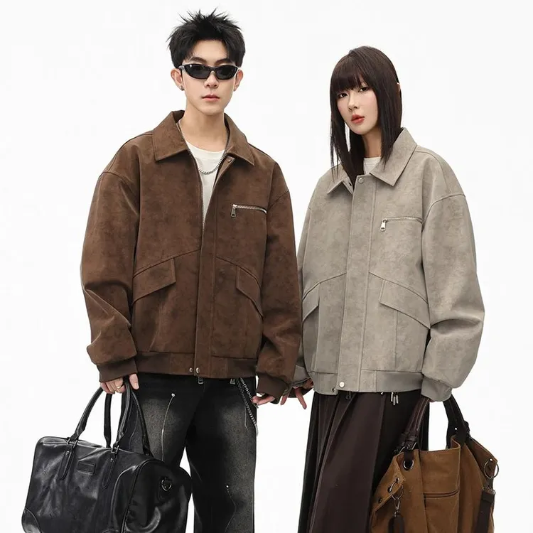 美式外套上衣翻领保暖港风皮衣夹克无工艺秋季休闲复古单排扣春秋