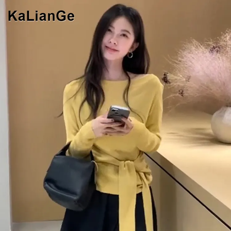卡莲格/法式独特漂亮针织衫糯毛衣女秋季绑带收腰斜肩软气质上衣