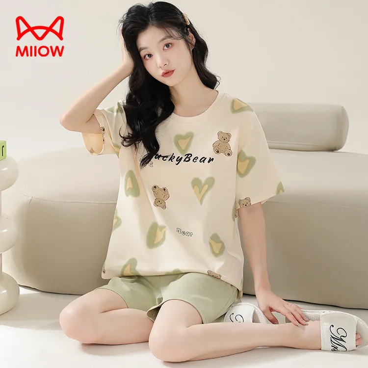 猫人经典带胸垫睡衣女套装夏季纯棉薄款短袖短裤防凸点大码家居服