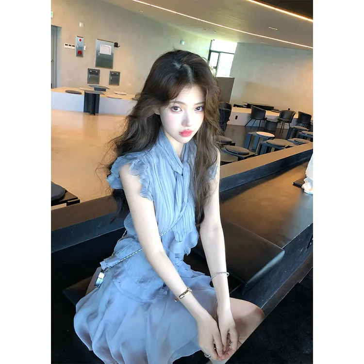 2025夏季新甜美款韩系设计感小众荷叶边无袖上衣高腰百搭短裙套装