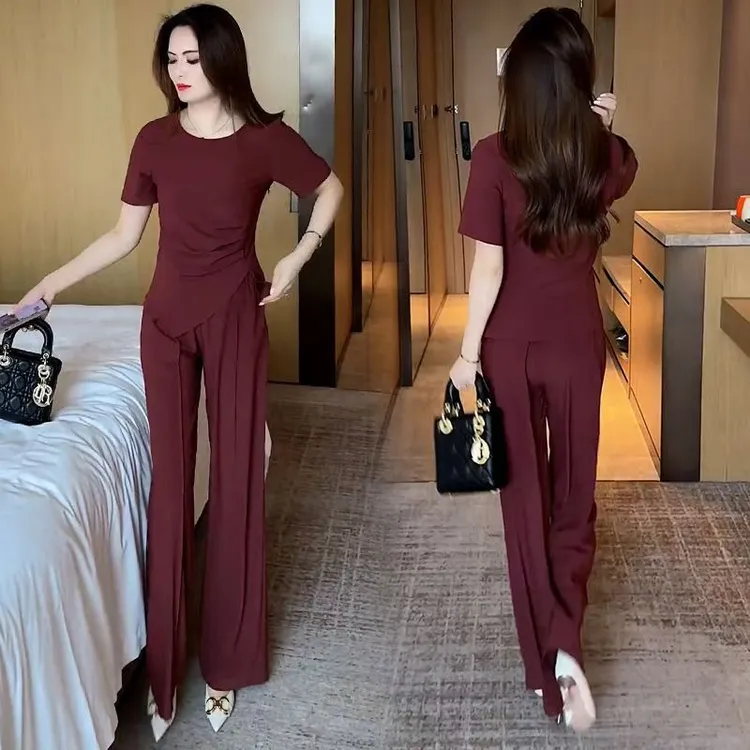 时尚套装女2025夏季新款高级感气质减龄显瘦短袖上衣直筒裤两件套