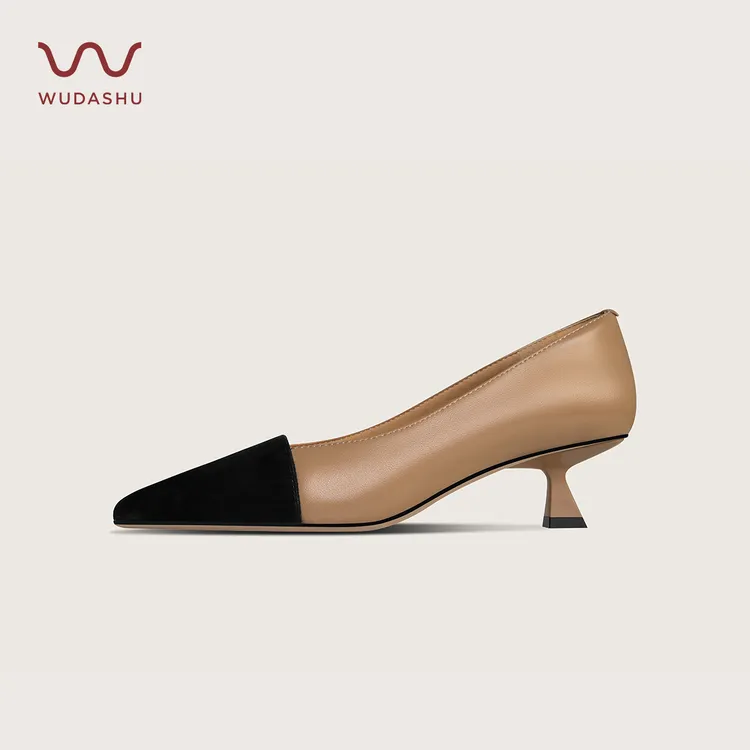 吴大叔红运鞋尖头拼色细跟高跟女鞋中跟百搭时尚浅口高跟鞋Z015