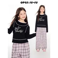 Opennunu女童字母印花明线T恤秋季中大童设计感亲肤百搭短款上衣